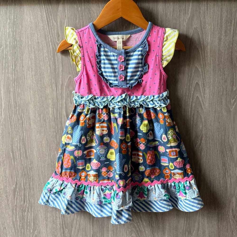 Matilda Jane Little Sweetie Dress 18-24M Pink Blue Mixed Print Ruffle Tea Party - Picture 1 of 6